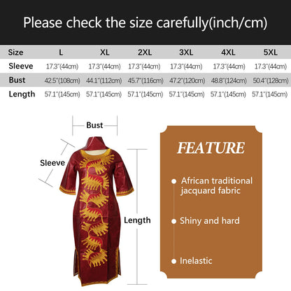 TIDOIRSA African Dresses for Women,Bazin Riche Wedding Dress Embroidery Party Dress with Scarf Boubou (3XL, Maroon)