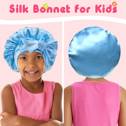 BONNET QUEEN Baby Bonnet Kids Bonnet Infant Satin Silk Hair Bonnets with Tie Band Bow for Girls 4~12 Years 2Pcs Light Blue+Hot Pink