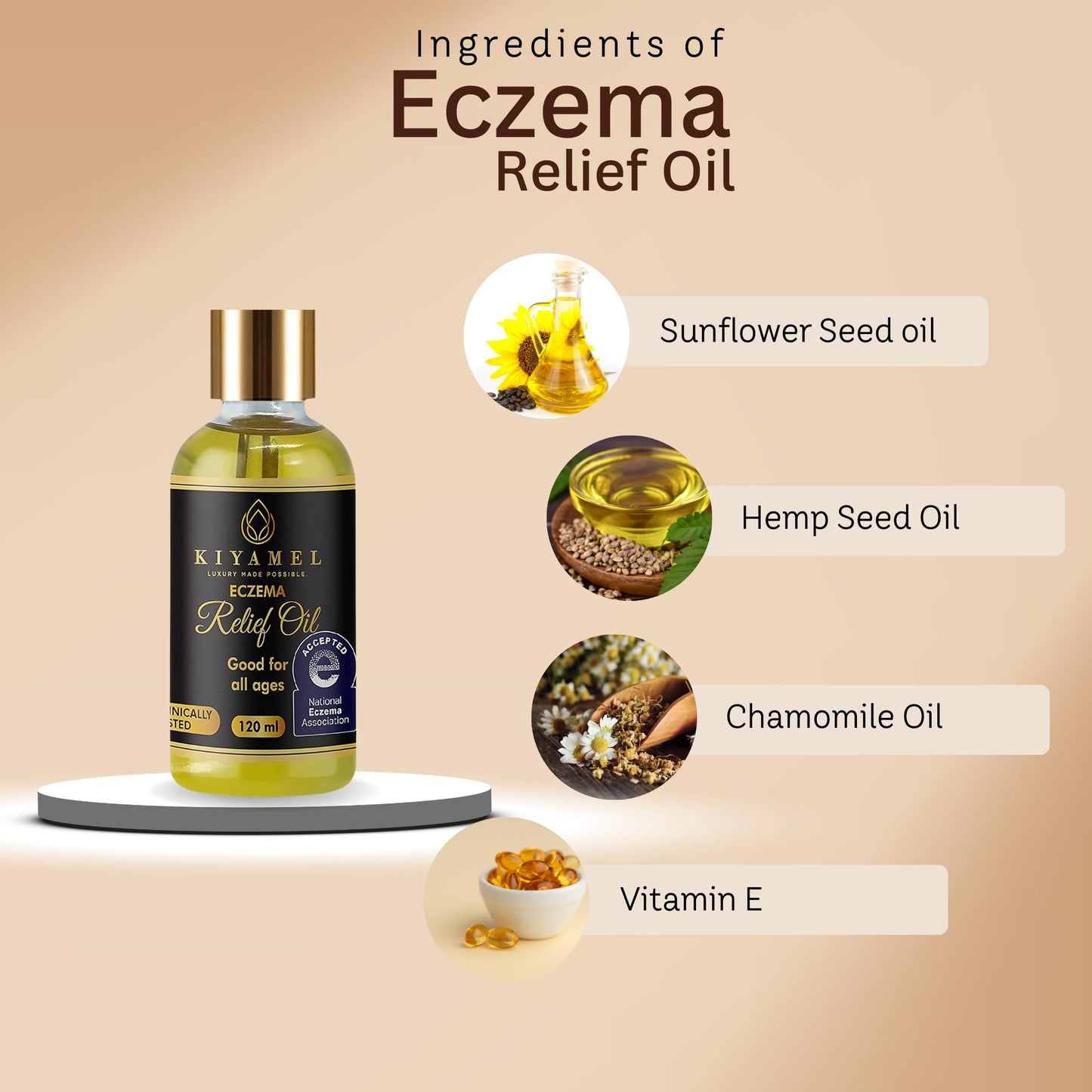 KIYAMEL | Moisturizing Eczema Relief Essential Oil with Hemp Seed for Dry, Itchy Skin - Soothing Moisturizer with Vitamin E and Chamomile - Revitalizing Hydration for Adults and Kids