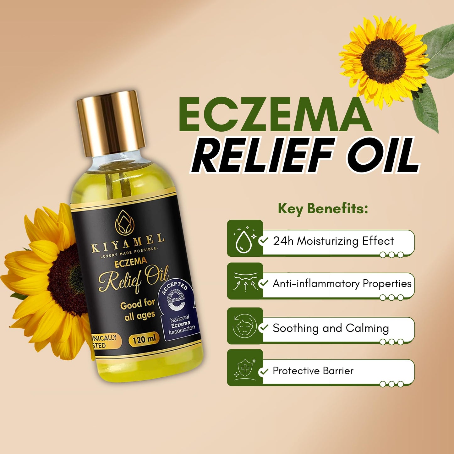 KIYAMEL | Moisturizing Eczema Relief Essential Oil with Hemp Seed for Dry, Itchy Skin - Soothing Moisturizer with Vitamin E and Chamomile - Revitalizing Hydration for Adults and Kids