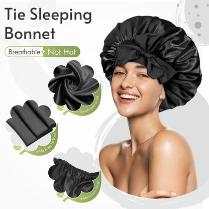 BONNET QUEEN Silk Bonnet for sleeping Women Satin bonnet Hair Bonnet Night Sleep Cap Scarf wrap for Curly Hair with tie Band Black