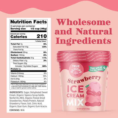 True Scoops 3-Pack Variety Ice Cream Mix - Vanilla Bean, Chocolate, Strawberry. Add One Ingredient - Half & Half! Makes 1 Pint of Ice Cream With an Electric Mixer. Gluten-Free, Peanut-Free, Kosher.