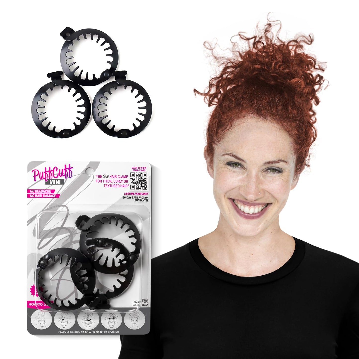 PuffCuff | Mini 2.5" Hair Clamps | For All Natural Thick, Curly, Kinky, Textured, Locs, or Braided Hair | Painless, Damage-Free Styling Tool | Black | 3 Pieces