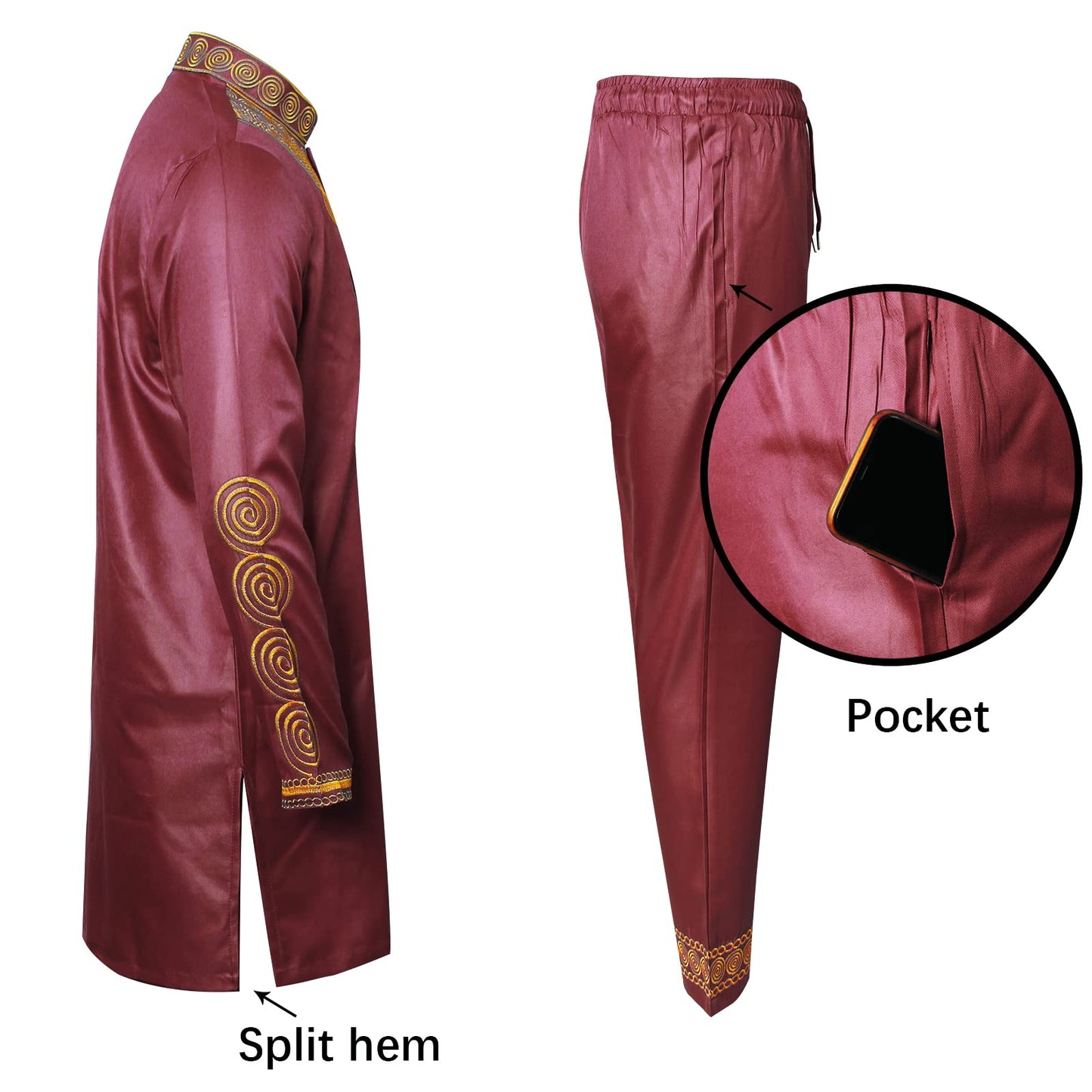 TIDOIRSA African Mens Clothing,Long Sleeve Gold Embroidery Button up Shirt and Pants Men's 2 Piece Dashik Outfit (2XL, Maroon)