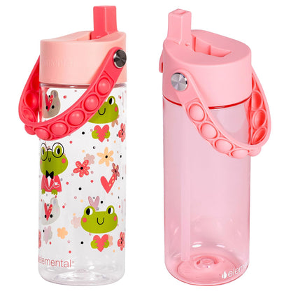 Elemental Leak Proof Water Bottles for Kids - Splash Kids Water Bottle for School with Pop-it Handle - Tritan Plastic Water Bottle with Straw - Fancy Frog Clear & Rose - 18oz (2 Pack)