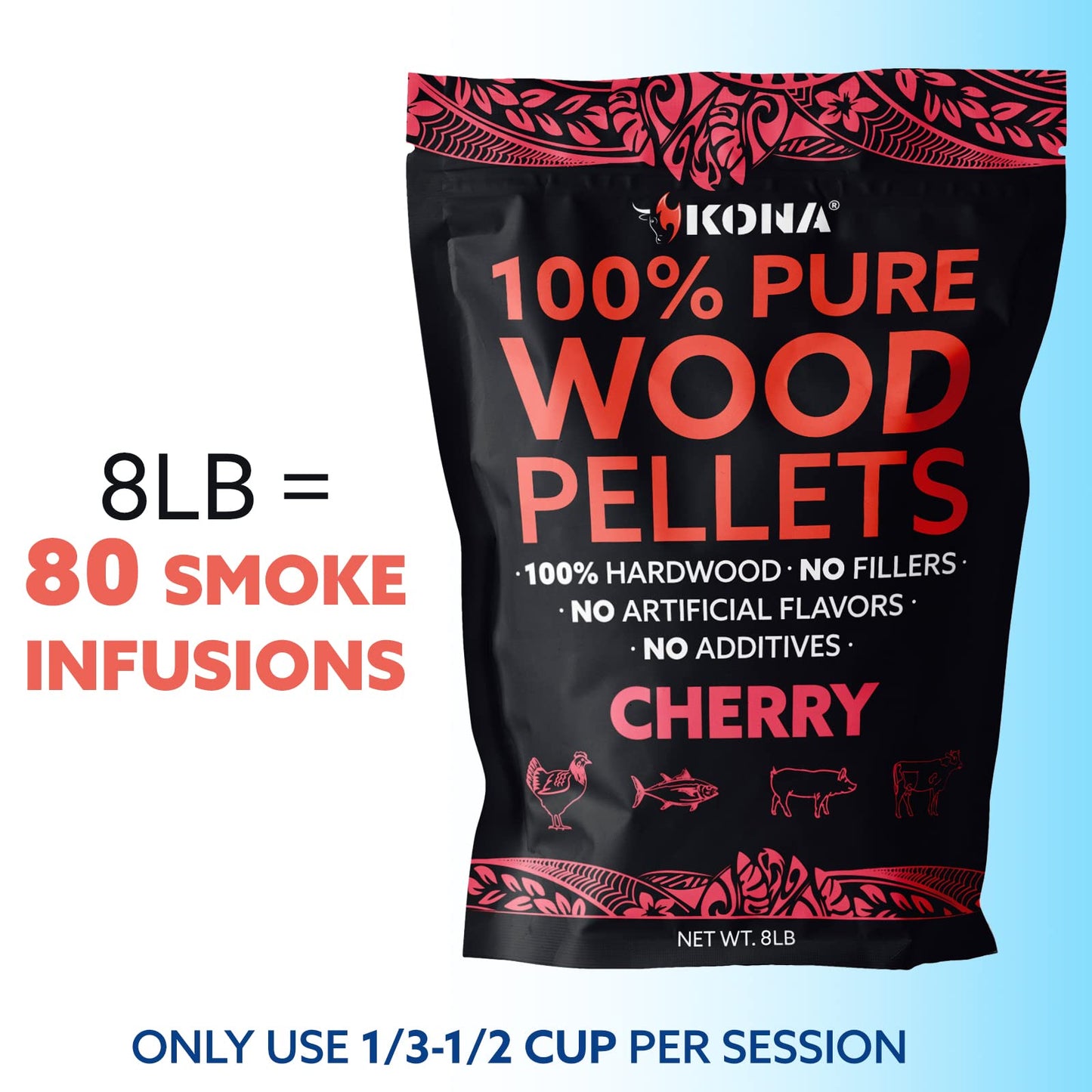 Kona 100% Cherry Smoker Pellets, Intended for Ninja Woodfire Outdoor Grill, 8 lb Resealable Bags