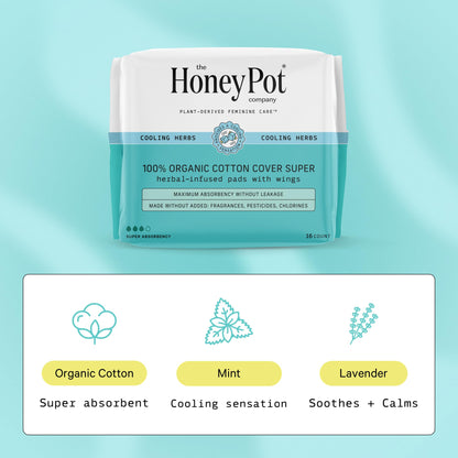 The Honey Pot Company - Herbal Pads for Women - Super & Heavy Flow Overnight Pads Bundle - Infused w/Essential Oils for Cooling Effect & Cotton Cover - Sanitary Pads - Feminine Care - FSA Eligible