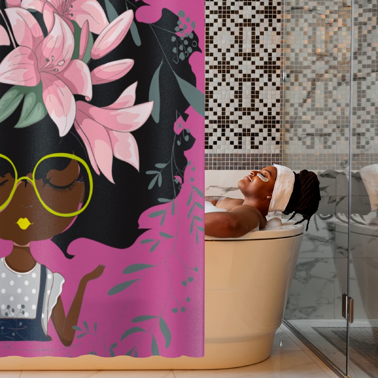 Pardon My Fro Lily Shower Curtain - 100% Polyester Fabric Shower Curtains with Print - Hotel & Home One Piece Hookless Shower Curtains w/ 12 Grommets, Chic Style Bathroom Curtain (Pink 71"×71")
