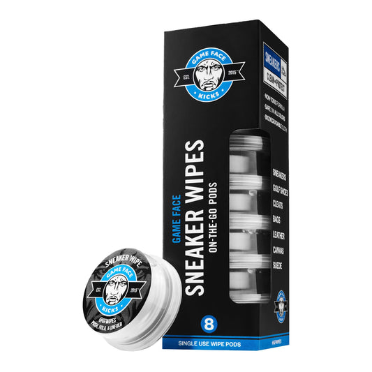 Game Face Wipes Sneaker Cleaner - On-The-Go Shoe Cleaning Wipes | Sneaker Eraser Shoes Anywhere | Use On Cleats, Golf Shoes, Basketball Shoes, Leather, Canvas, Mesh & More | 8 Count of Portable Wipes
