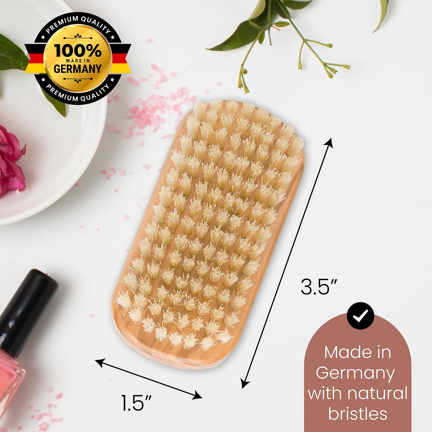 Since 1869 Hand Made in Germany - Natural 100% Natural Boar Bristle Nail Brush - Gently Removes Dirt and Grime for Clean Hands - Exfoliates Skin for Soft, Smooth Texture, Wood (Olive)