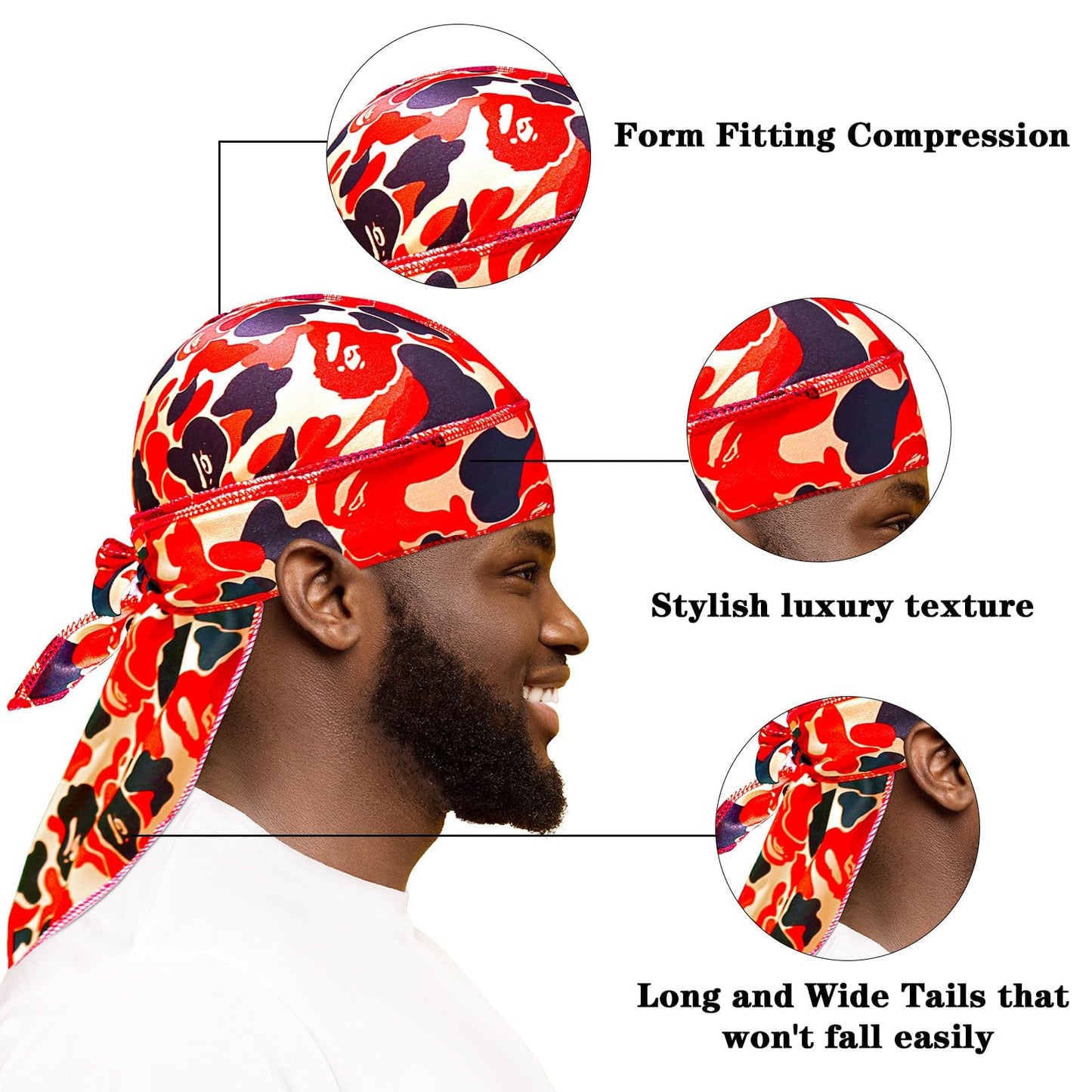 YARWAYER Silk Durag for Men with Long Tail Designer Dorag Soft Slik Sliky Stringless Wave Enforcer Womens Headwrap Red Camouflage