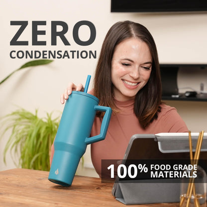 Elemental 40 oz Tumbler with Handle and Straw - Spill Proof Insulated Stainless Steel Commuter for Hot and Cold Beverages - Travel Coffee Mug with 2 Straws & Spill Proof Lid - 40oz - Teal