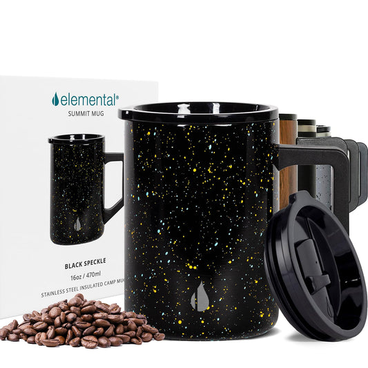 Elemental Insulated Coffee Mug - Triple-Wall Stainless Steel Summit Travel Cup for Hot and Cold Drinks - Thermal Coffee Mug with Lid and Handle for Camping, Office & Travel 16oz - Black Speckle