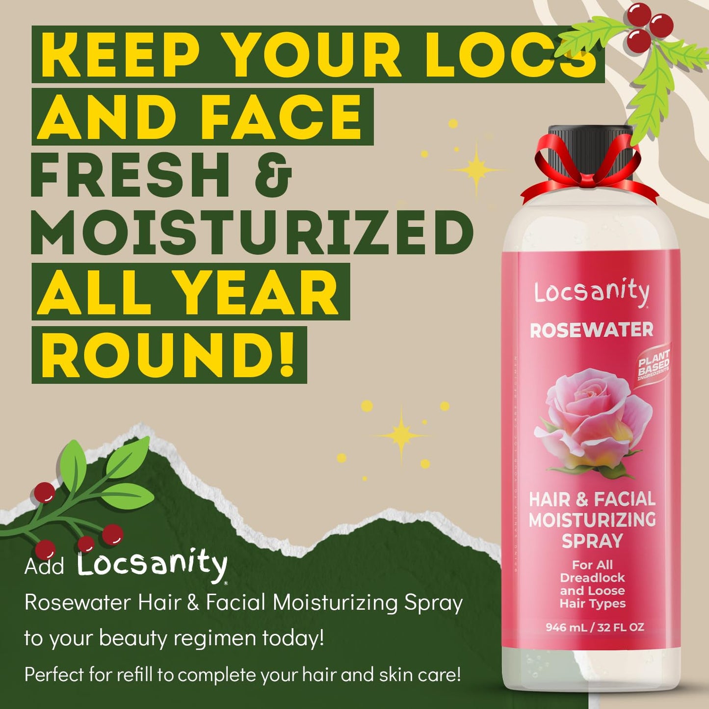 Locsanity Pure Rosewater Hair and Facial Spray – Jumbo Size Hydrating Face Mist to Soothe, Refresh, and Rejuvenate Skin, Reduce Oil and Buildup (32oz)