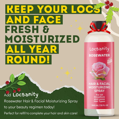 Locsanity Pure Rosewater Hair and Facial Spray – Jumbo Size Hydrating Face Mist to Soothe, Refresh, and Rejuvenate Skin, Reduce Oil and Buildup (32oz)