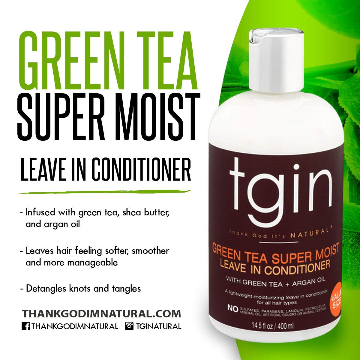 tgin Green Tea Super Moist Leave in Conditioner For Natural Hair, Argan oil, White, Green Tea, Shea butter, 13 Fl Oz