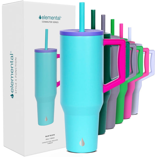 Elemental 40 oz Tumbler with Handle and Straw - Spill Proof Insulated Stainless Steel Commuter for Hot and Cold Beverages - Travel Coffee Mug with 2 Straws & Spill Proof Lid - 40oz - Blue Tie Dye