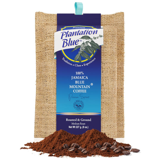 Plantation Blue 100% Blue Mountain Coffee from Jamaica, Medium Roasted and GROUND (8oz)
