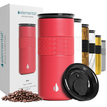 Elemental Artisan Insulated Tumbler, Triple Wall Coffee Travel Mug, Reusable Stainless Steel Coffee Tumbler with Ceramic Lid, Thermal Coffee Cups for Hot (6 Hrs) & Cold (18 Hrs), 16oz - Red