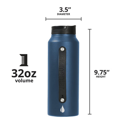 Elemental Iconic Stainless Steel Water Bottle with Straw - 32 oz Leak Proof Triple Wall Insulated Water Bottles for Travel and Sports - Reusable Gym Water Bottle with 2 Straws - Navy Blue