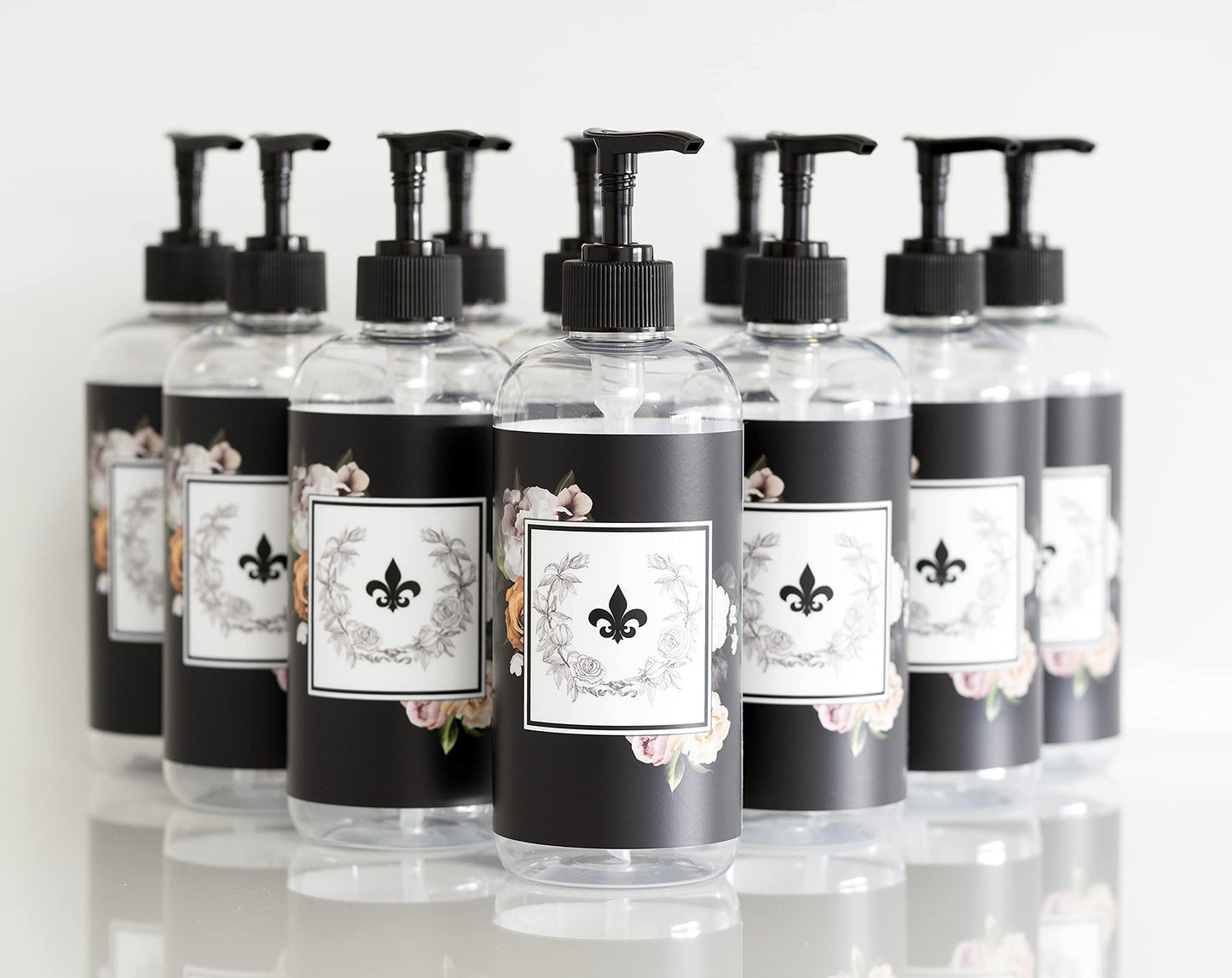 Artanis Home 10-Pack Customized PET Plastic Refillable Pump Bottles with Black Floral Design Waterproof Labels and Black Pumps, Clear