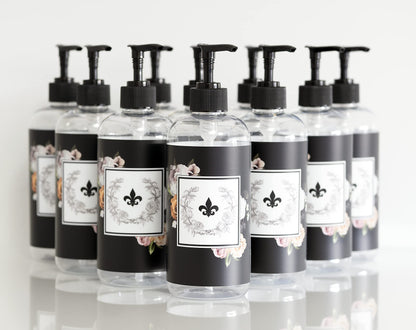 Artanis Home 10-Pack Customized PET Plastic Refillable Pump Bottles with Black Floral Design Waterproof Labels and Black Pumps, Clear