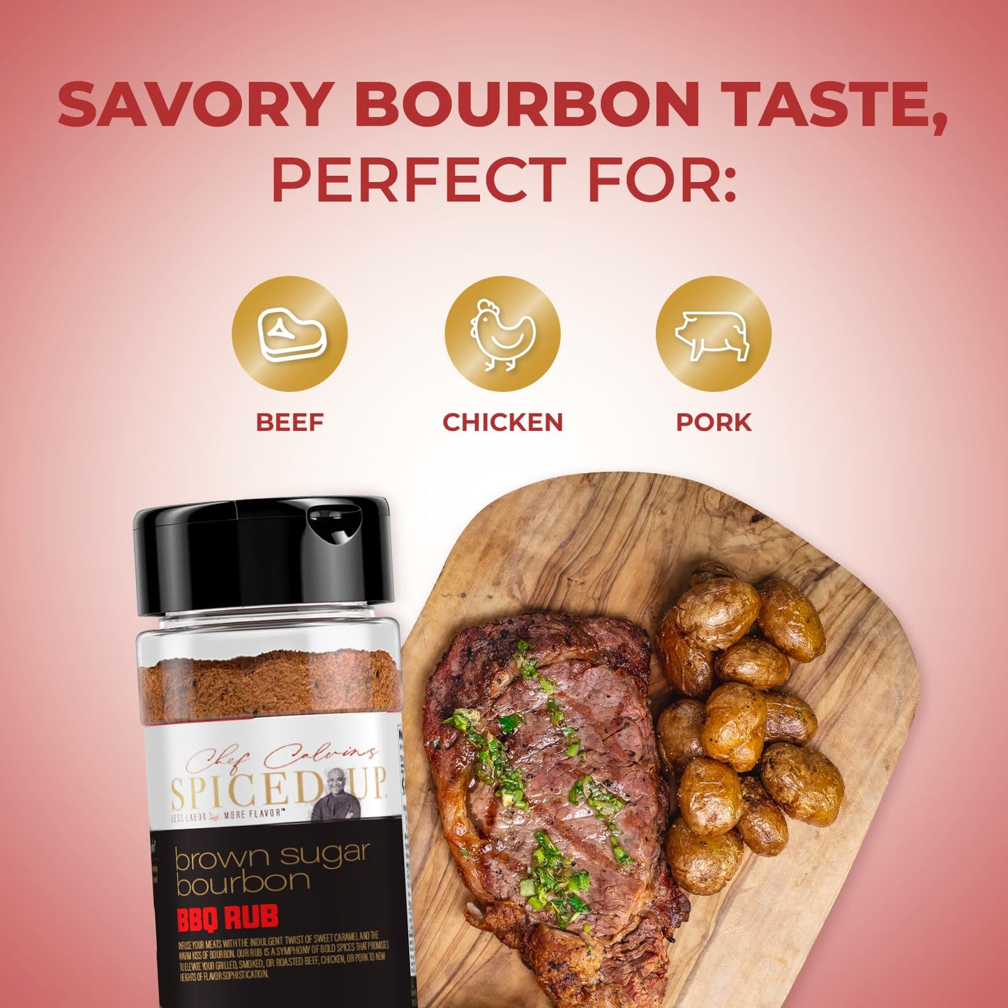 Spiced Up by Chef Calvin Brown Sugar Bourbon BBQ Rub 6.3 oz/180 g -Gourmet BBQ Seasoning with Bourbon Flavor-Perfect for Grilling & Smoking-Premium Dry BBQ Rub with Brown Sugar for Delicious Barbecue