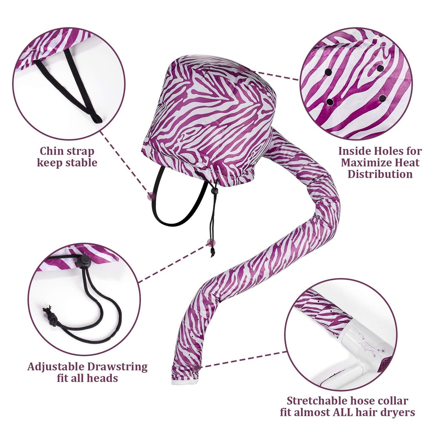 Locsanity Dreadlock Loose Natural Hair Bonnet Dryer Attachment Quick Drying Cap - Black or Purple (Purple Animal)