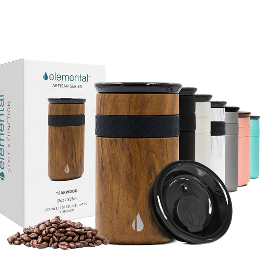 Elemental Artisan Insulated Tumbler, Triple Wall Coffee Travel Mug, Reusable Stainless Steel Coffee Tumbler with Ceramic Lid, Thermal Coffee Cups for Hot (6 Hrs) & Cold (18 Hrs), 12oz - Teak Wood