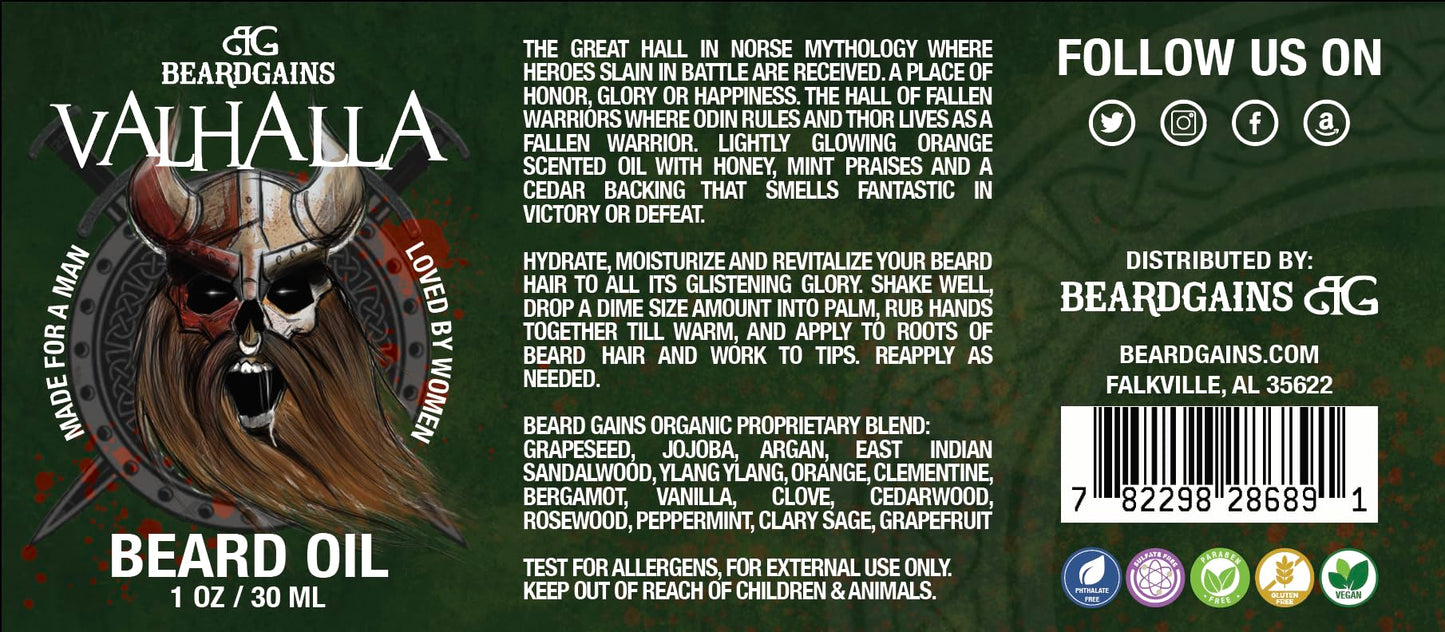 Beard Gains Valhalla Luxury Scented Beard Oil for Men - Groom, Control, and Promote Facial Hair Growth - Made In USA - 1 Ounce