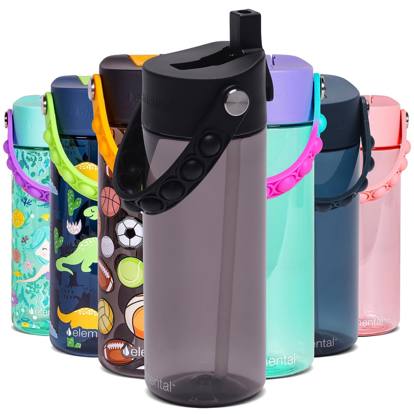 Elemental Leak Proof Water Bottles for Kids - Splash Kids Water Bottle for School with Pop-it Handle - BPA Free Tritan Plastic Reusable Water Bottle with Straw - Black - 18oz
