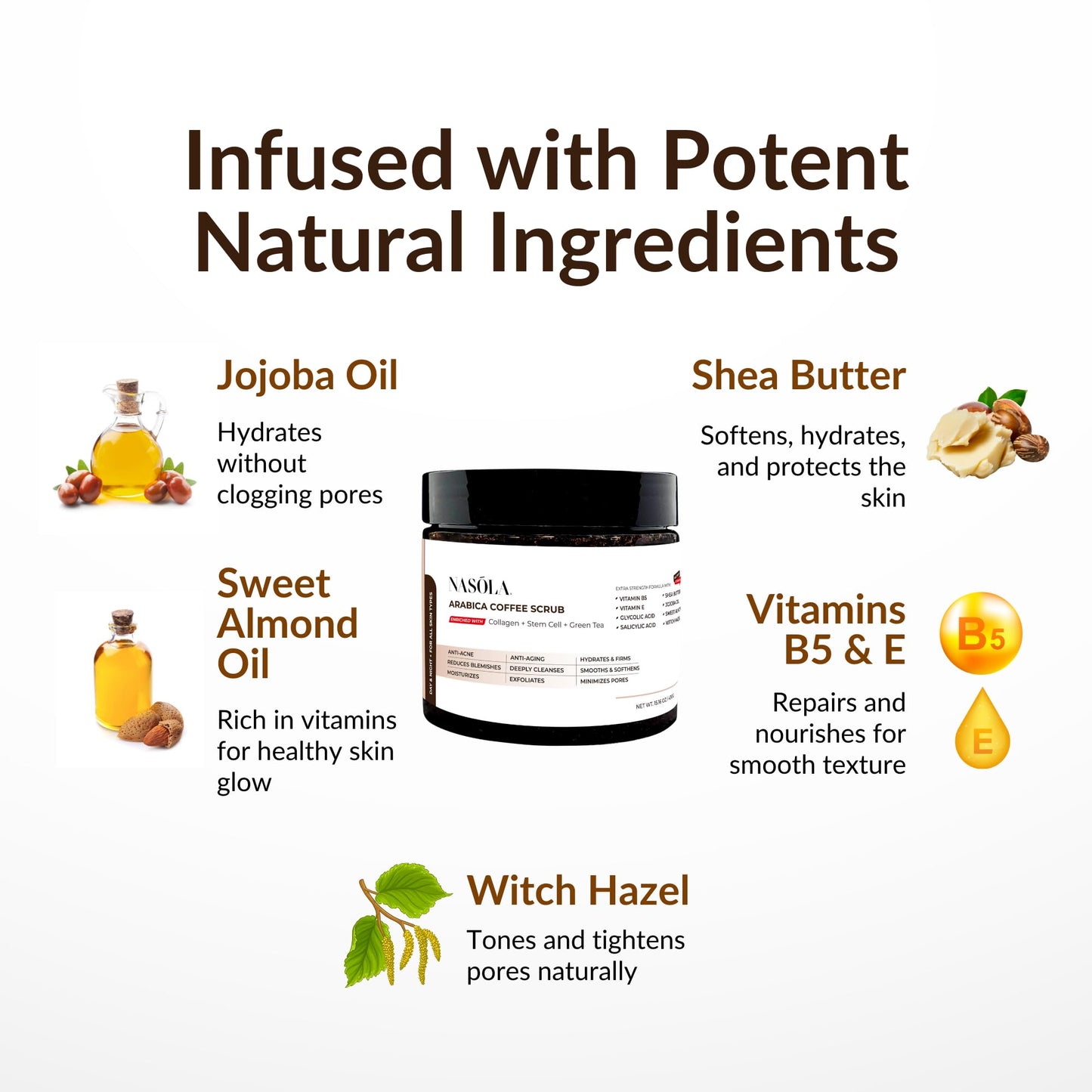 Nasola Arabica Coffee Body Scrub with Collagen, Green Tea & Stem Cell – Exfoliating Body Scrubber & Face Cleanser – Coffee Scrub for Wrinkles, Stretch Marks, and for Smoother Skin, 15.16 Oz