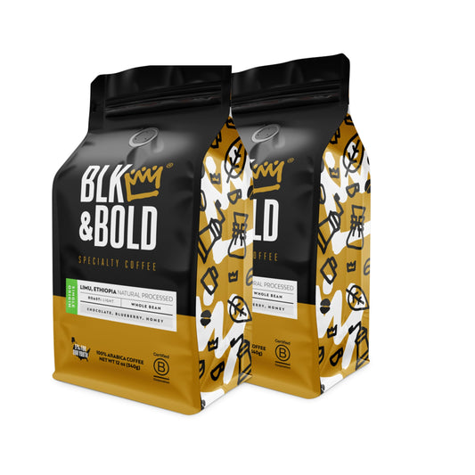 BLK & Bold Whole Bean Coffee, Limu Ethiopia Single Origin Premium Light Roast, Natural Processed, Whole Bean, 100% Arabica Beans, 12 oz Bag (2 Pack)