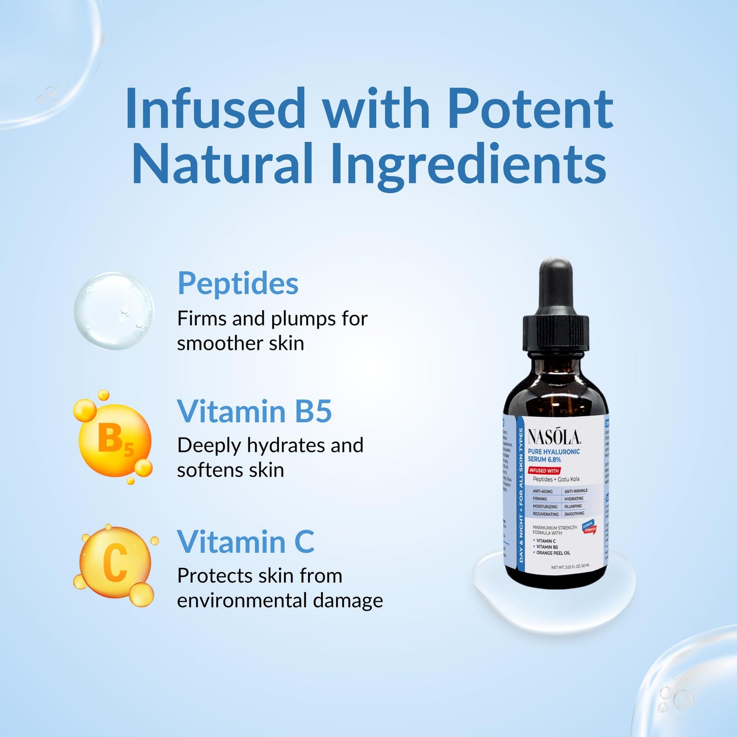 Nasola 6.8% Pure Hyaluronic Acid Serum for Face, Hyaluronic Acid Moisturizer - Get the Moisture Your Skin Needs for a Healthy, Youthful Glow with Orange Peel Oil, Vitamin B5 and C, 2.02 Oz