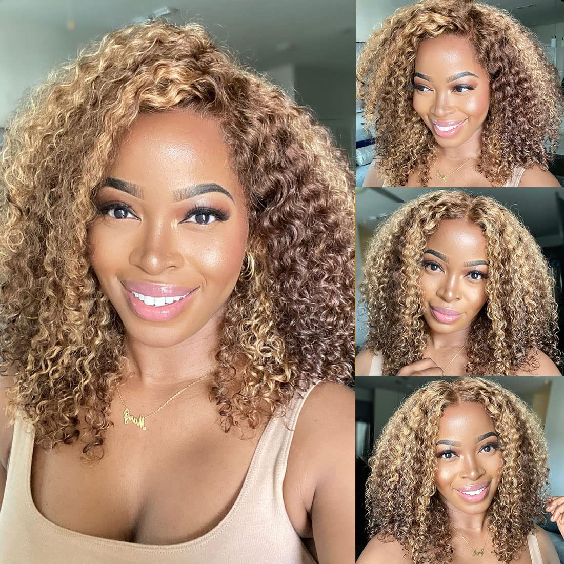 BLY Hihglight Afro Kinky Curly Bob Wigs C Part 13x6 HD Lace Front Wig 14 Inch Pre Plucked Thick Short Curly Bob Hair 4/27 Ombre Colored Wig for Women 180 Density