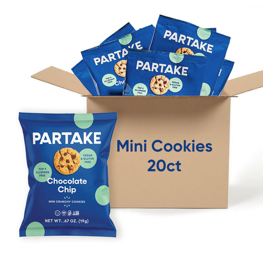 Partake Foods Gluten Free Chocolate Chip Mini Cookie Snack Packs| Vegan, Dairy Free, Peanut Egg Wheat Treenut Soy Sesame | Allergy Friendly Cookies Safe School for Kids - 20 Packs