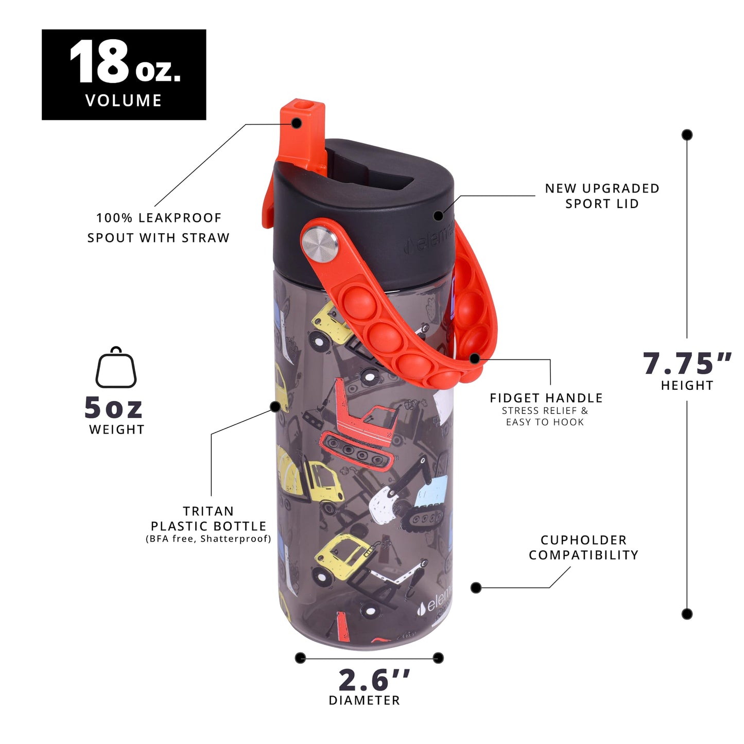 Elemental Leak Proof Water Bottles for Kids - Splash Kids Water Bottle for School with Pop-it Handle - BPA Free Tritan Plastic Reusable Water Bottle with Straw - Construction - 18oz