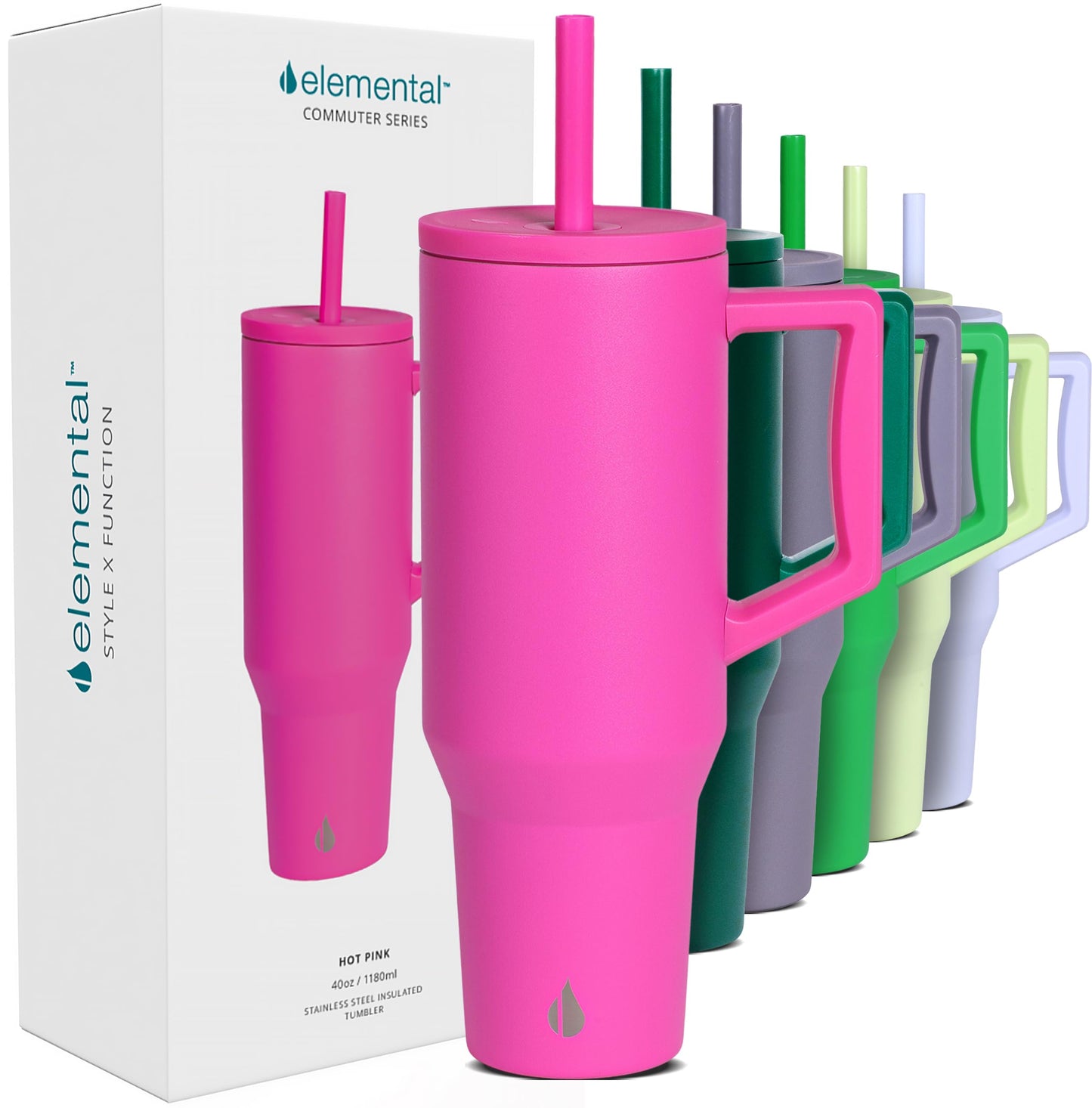 Elemental 40 oz Tumbler with Handle and Straw - Spill Proof Insulated Stainless Steel Commuter for Hot and Cold Beverages - Travel Coffee Mug with 2 Straws & Spill Proof Lid - 40oz - Hot Pink
