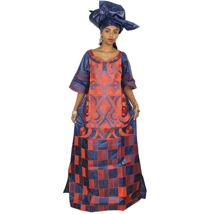 TIDOIRSA African Dresses for Women,Bazin Riche 3/4 Sleeves Inelastic Maxi Dress with Scarf (L, Blue)