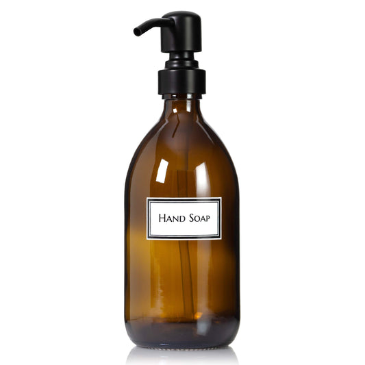 Artanis Home Refillable Amber Glass Hand Soap Dispenser 16 oz – Ceramic Printed Apothecary Bottle with Black Satin Pump