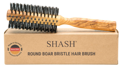 SHASH Boar Bristle Round Brush - Made In Germany | Volumize and Revitalize Your Hair with Softer, Smoother Results - Scalp Exfoliation and Stimulation - Eco-Sourced Olive Wood Handle