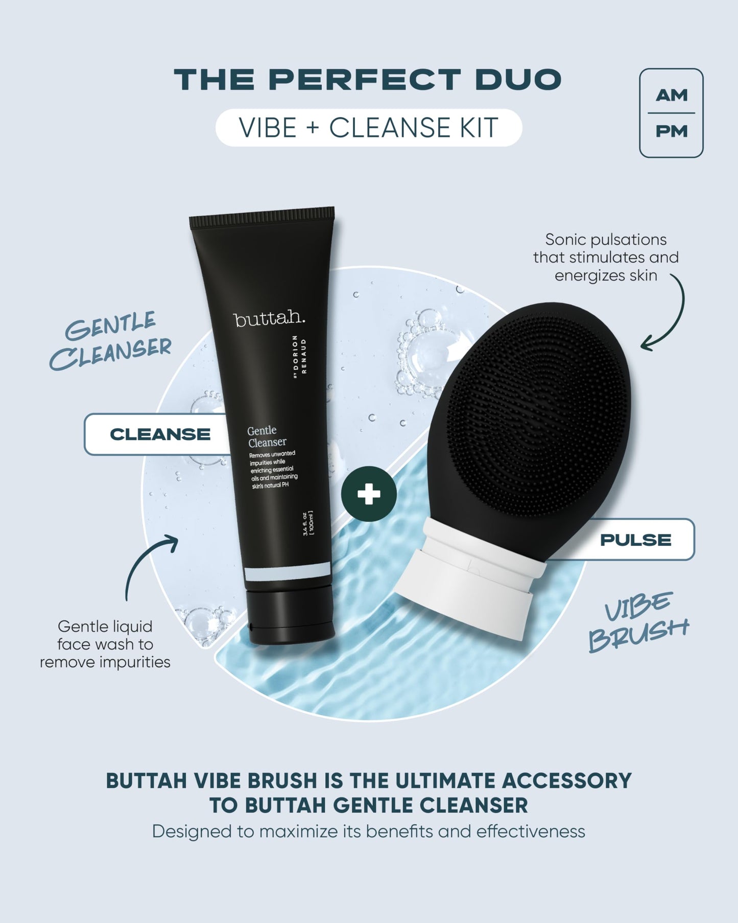 Buttah Skin by Dorion Cleanse + Vibe Brush Kit | Buttah Vibe Cleansing Face Brush | Buttah Facial Cleanser 3.4oz | 2-Speed Sonic Pulsating Cleansing Brush - Gentle Exfoliation - Water Resistant