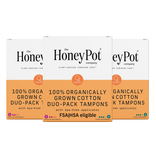 The Honey Pot Company - Multipack Pack - 54 ct - 100% Organic Tampons w/Bio Plastic Applicator - Multipack of Regular & Super Absorbency Unscented Tampons - Feminine Care - 18 Count Pack of 3