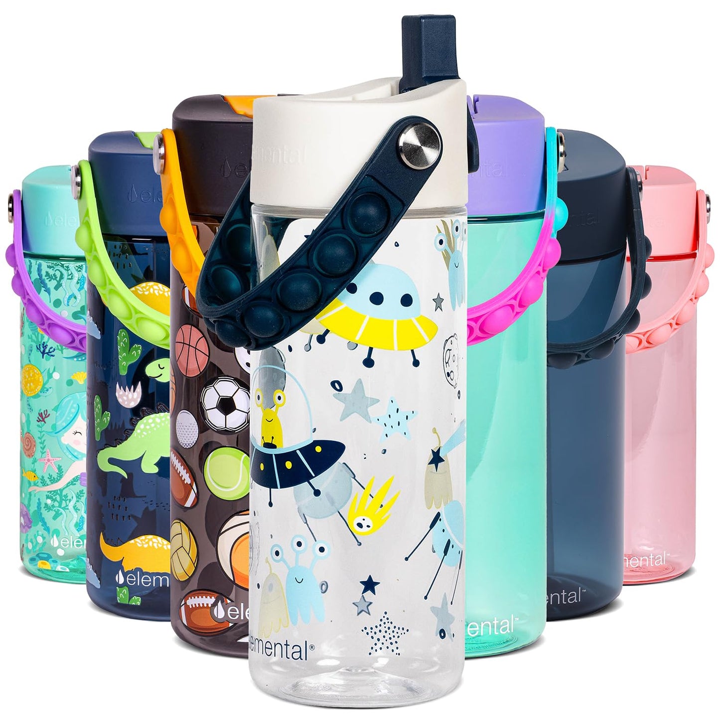 Elemental Leak Proof Water Bottles for Kids - Splash Kids Water Bottle for School with Pop-it Handle - BPA Free Tritan Plastic Reusable Water Bottle with Straw - Alien Invasion - 18oz