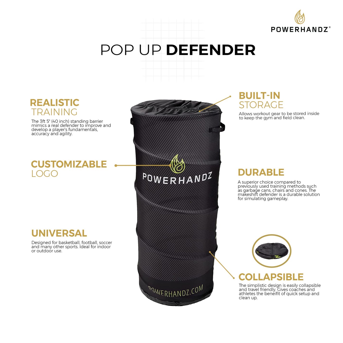 POWERHANDZ Pop Up Defender- Portable and Collapsible Sports Training Equipment for Basketball, Football and Soccer with Built-In Storage