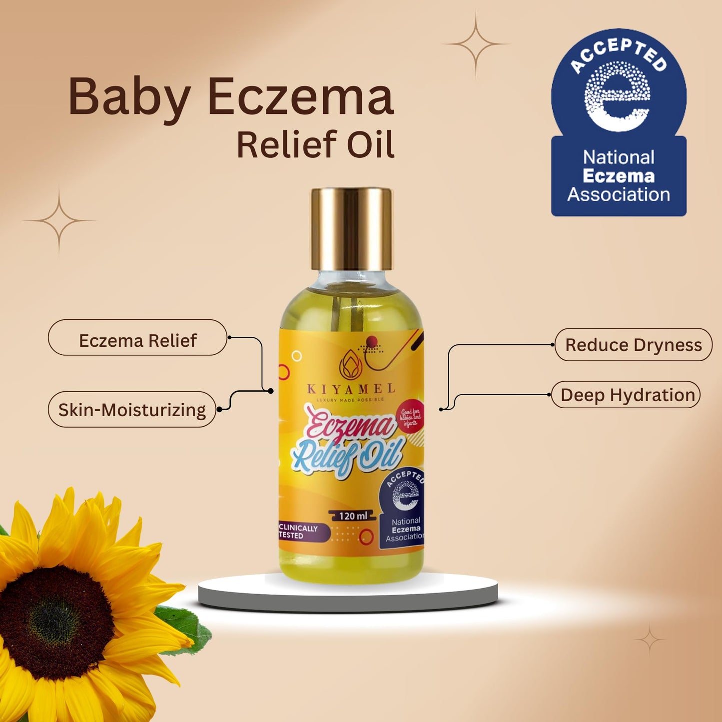 KIYAMEL | Moisturizing Eczema Relief Essential Baby Oil with Hemp Seed Oil for Dry, Itchy Skin, Soothing Moisturizer with Vitamin E and Chamomile, Revitalizing Hydration for Babies/Kids/Children