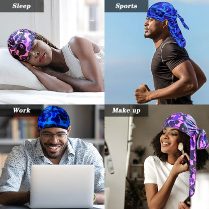 2pcs of durags Pack Set Durags for Men Women Silky durags Dorag Satin Durag Do Doo Du Rag Long Tail du rag Headwrap durag for Dreadlocks Camo