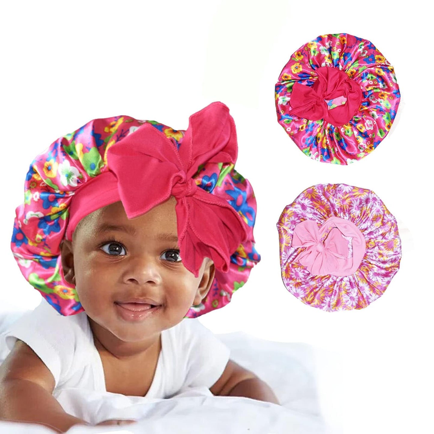 BONNET QUEEN Baby Bonnet 2Pcs Silk Bonnet Satin Hair Bonnet for Sleeping Silk Bonnet for Girls Night Hair Wrap with Tie Band 0~3 Years Hot Pink & Pink Floral