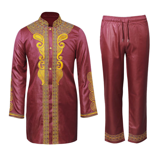 TIDOIRSA African Mens Clothing,Long Sleeve Gold Embroidery Button up Shirt and Pants Men's 2 Piece Dashik Outfit (2XL, Maroon)