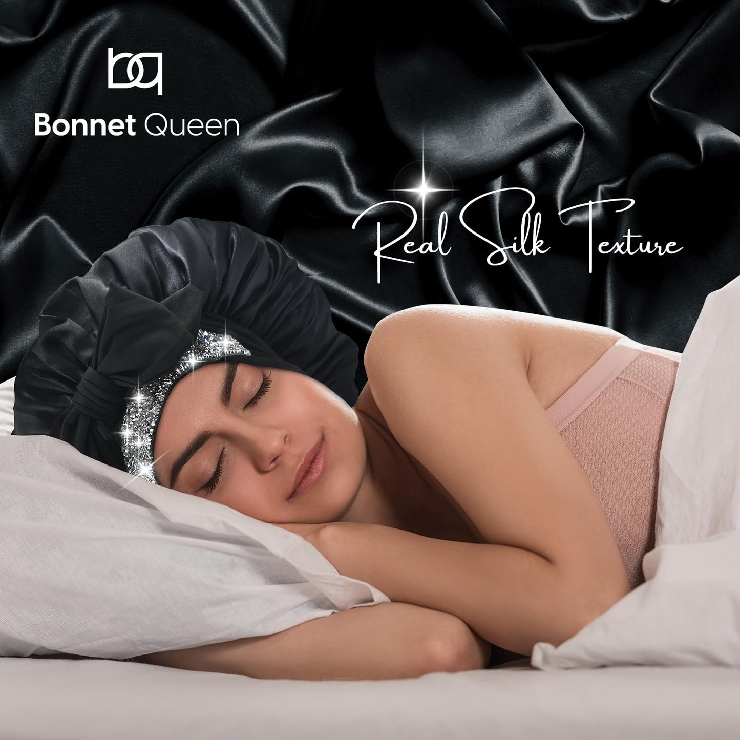 BONNET QUEEN Silk Bonnet and Rhinestone Bling Bonnet,Women Satin Bonnet Hair Bonnet Night Sleep Cap Hair Wrap for Curly Hair with Tie Band